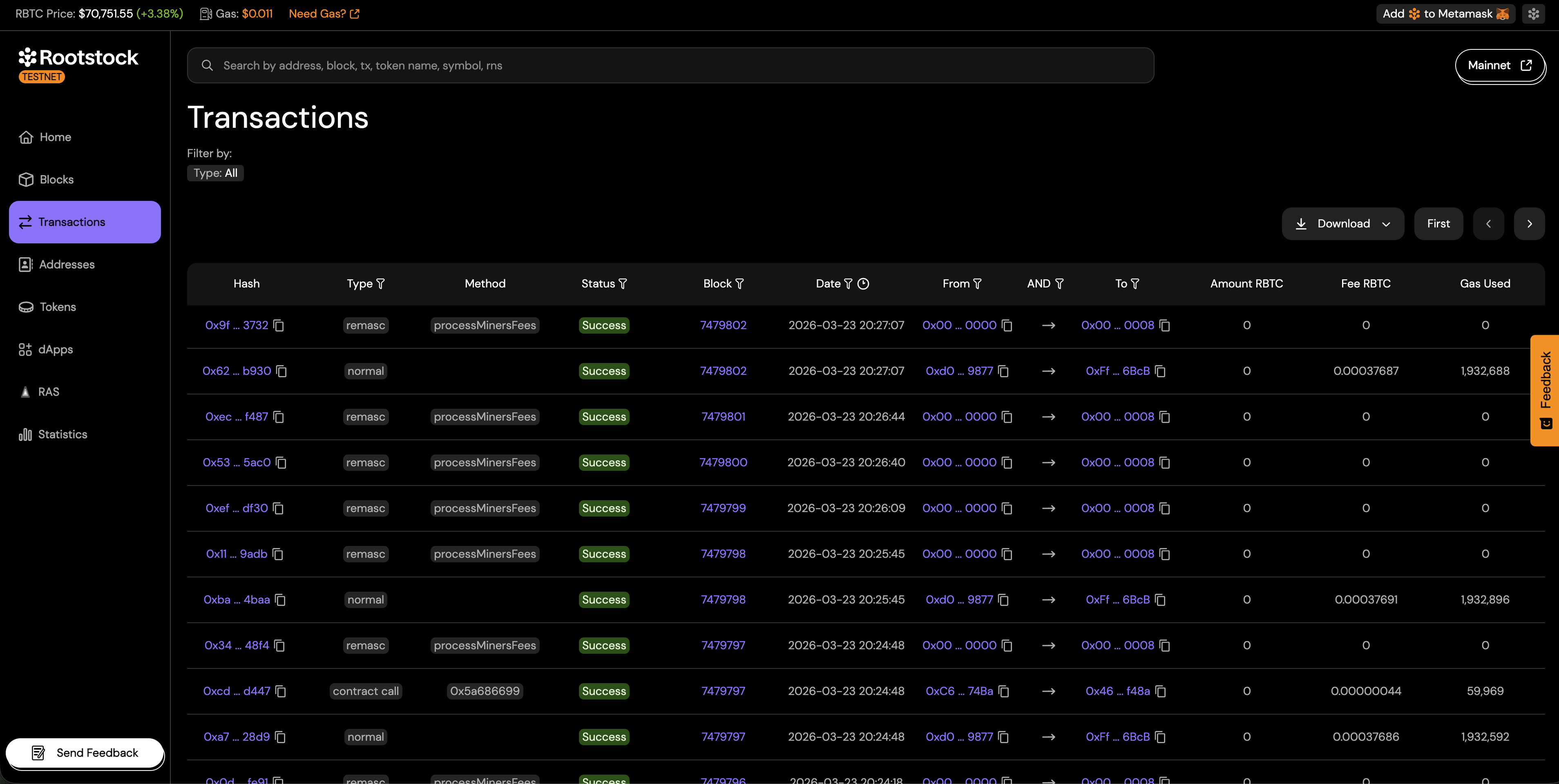Advanced Transactions Filter panel with fields for type, status, block, date, addresses, and address logic